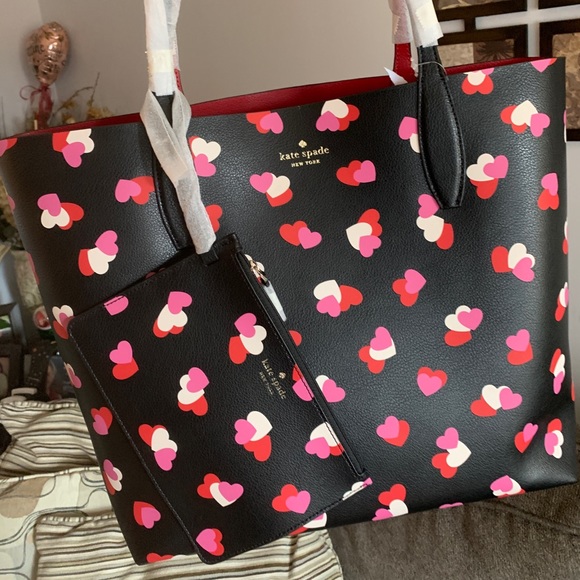 Authentic Kate spade Colorblock leather Hearts prints large Tote/Wristlet - Picture 13 of 16